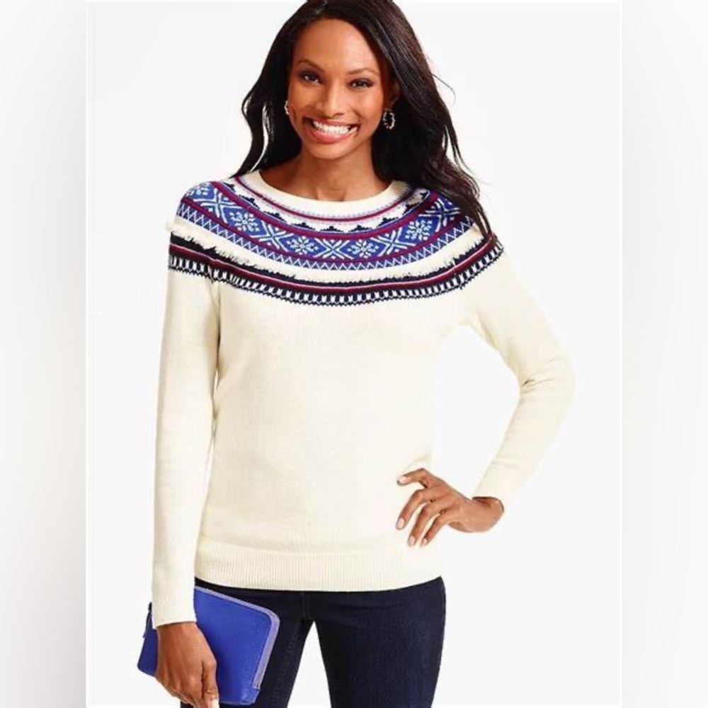 Talbots Fair Isle Fringed Lambs Wool Blend Sweater Size M